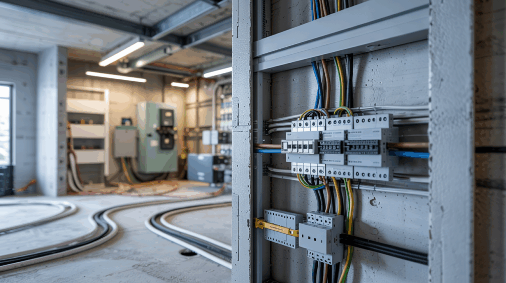 Professionelle Elektroinstallation in einem Rohbau mit Verteilerdose, strukturierter Kabelverlegung und normgerechter Technik – ausgeleuchtet mit warmem Licht im Farbton #EDA81D.