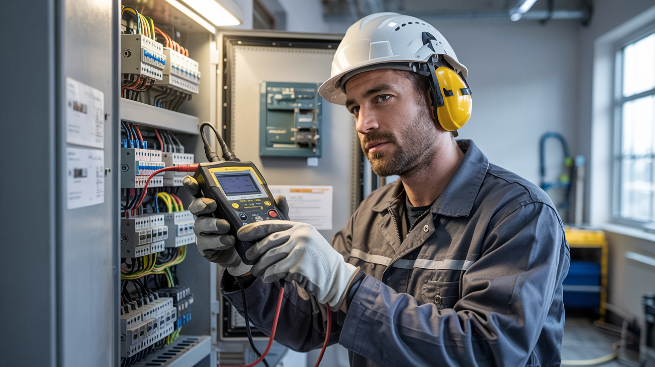 Ein Elektriker mit sichtbarem Gesicht misst mit einem Prüfgerät an einem offenen Schaltschrank. Die Szene ist realistisch, technisch und in warmes Licht im Farbton #EDA81D getaucht.