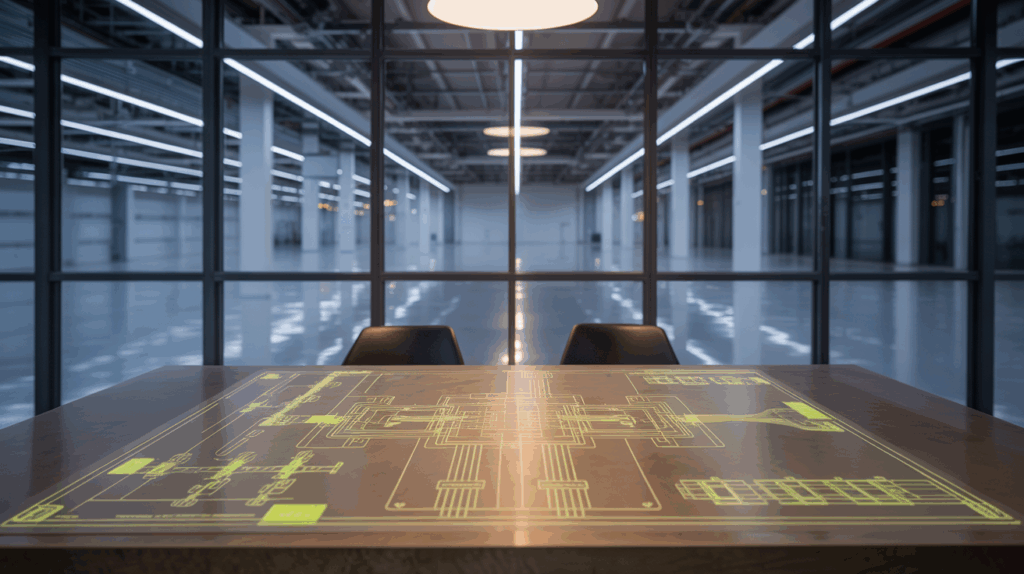 Digitaler Planungstisch mit gelber Lichtplanungsgrafik vor moderner Industriehalle mit LED-Beleuchtung – technisches Konzept ohne Personen
