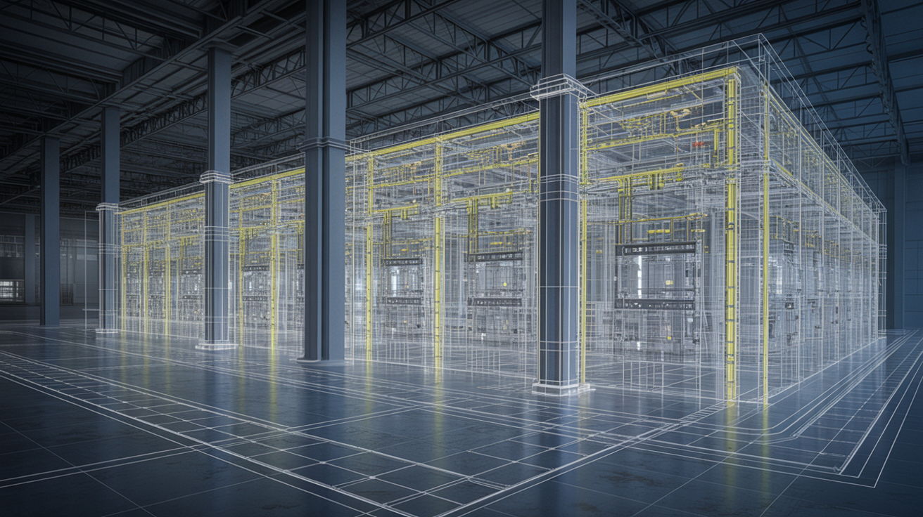 Visualisierte Elektrotechnikplanung in einer Industriehalle mit digitalen Linien für Leitungsführung, Kabeltrassen und Technikzonen – in Gelb (#EDA81D) hervorgehoben