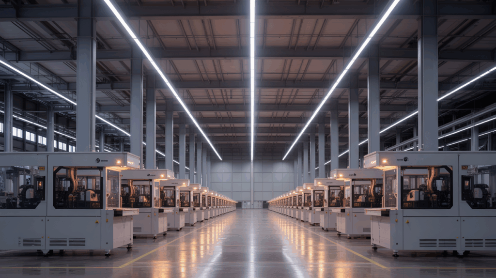 Symmetrisch beleuchtete Industriehalle mit energieeffizienter LED-Beleuchtung und automatisierten Fertigungsstationen – perfekte Ausleuchtung für industrielle Arbeitsbereiche