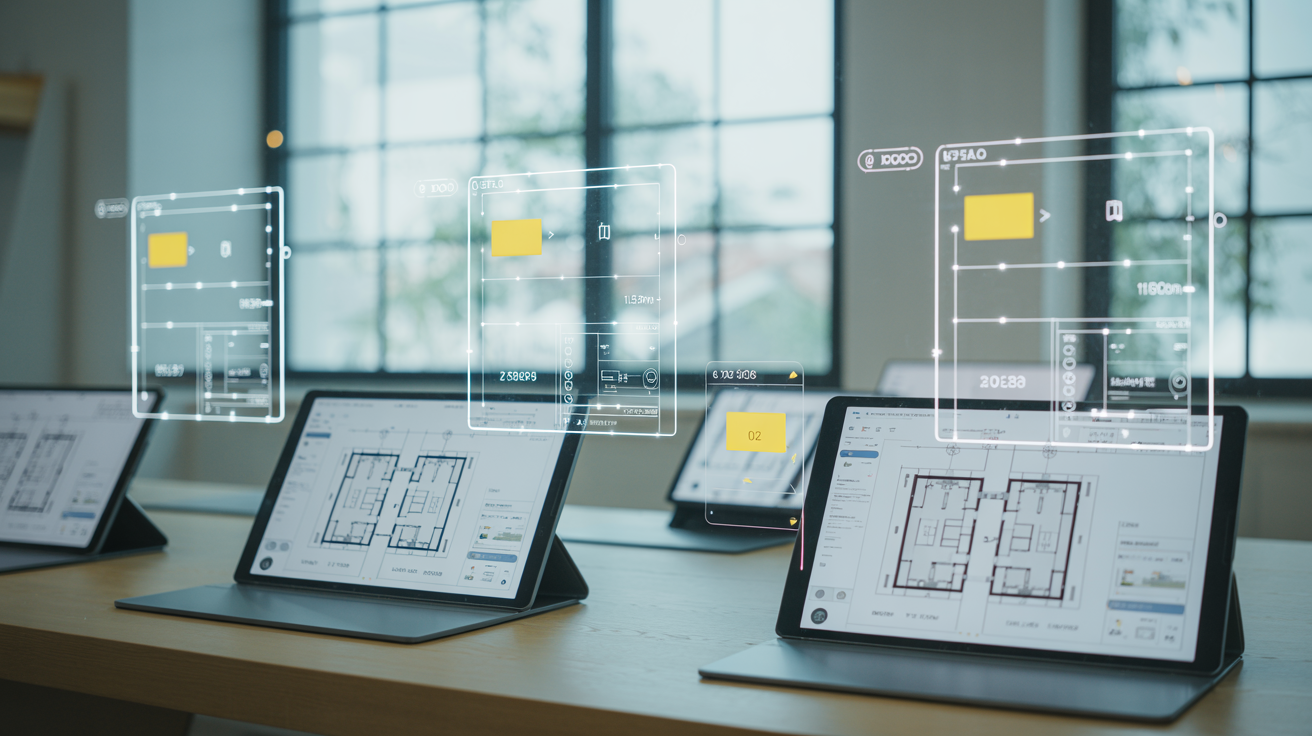 Digitale Bauplanung auf Tablets mit technischer Projektvisualisierung im modernen Besprechungsraum