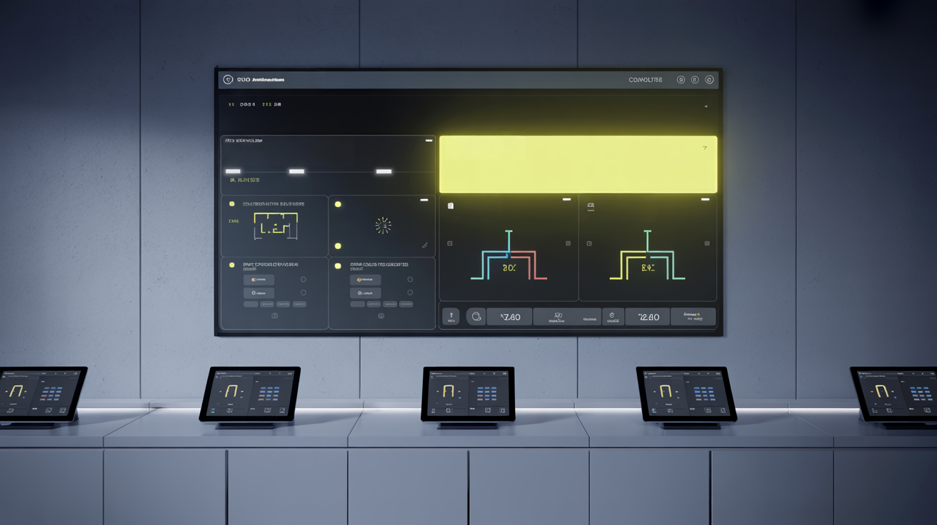 Visualisierung einer intelligenten Lichtsteuerung mit Touchpanels und zentralem Dashboard in moderner Umgebung