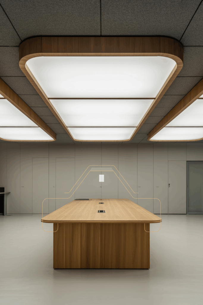 Fotorealistische Visualisierung eines normgerechten Besprechungsraums mit integrierter Lichtsteuerung und CI-Akzenten