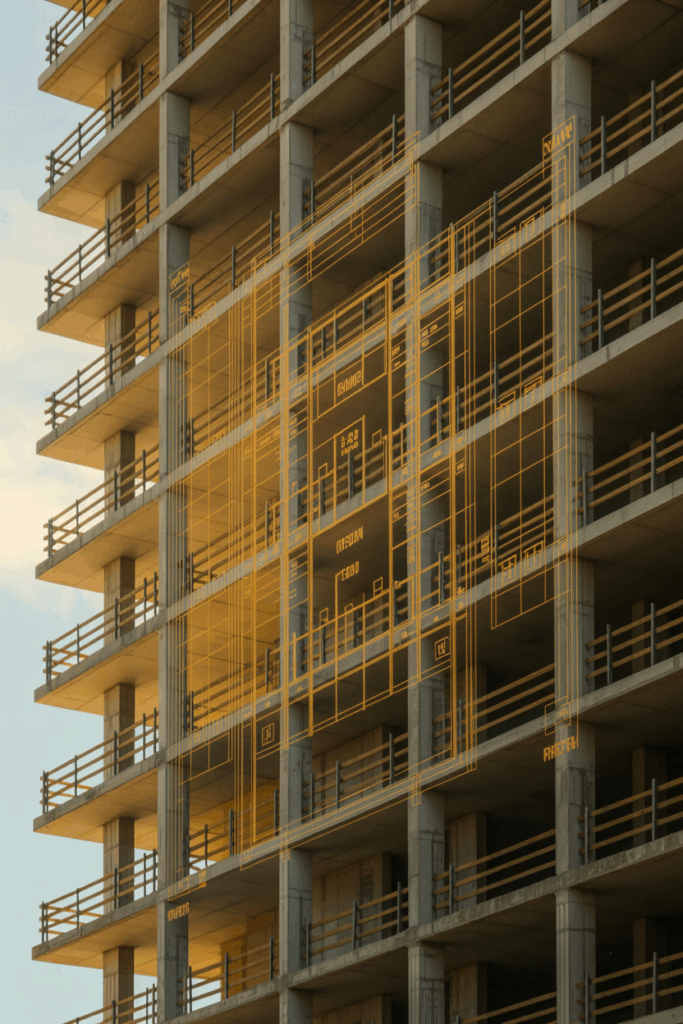 Fotorealistische Darstellung eines Hochbaus in der Planungsphase mit digitalen Planungs-Overlays in CI-Farben